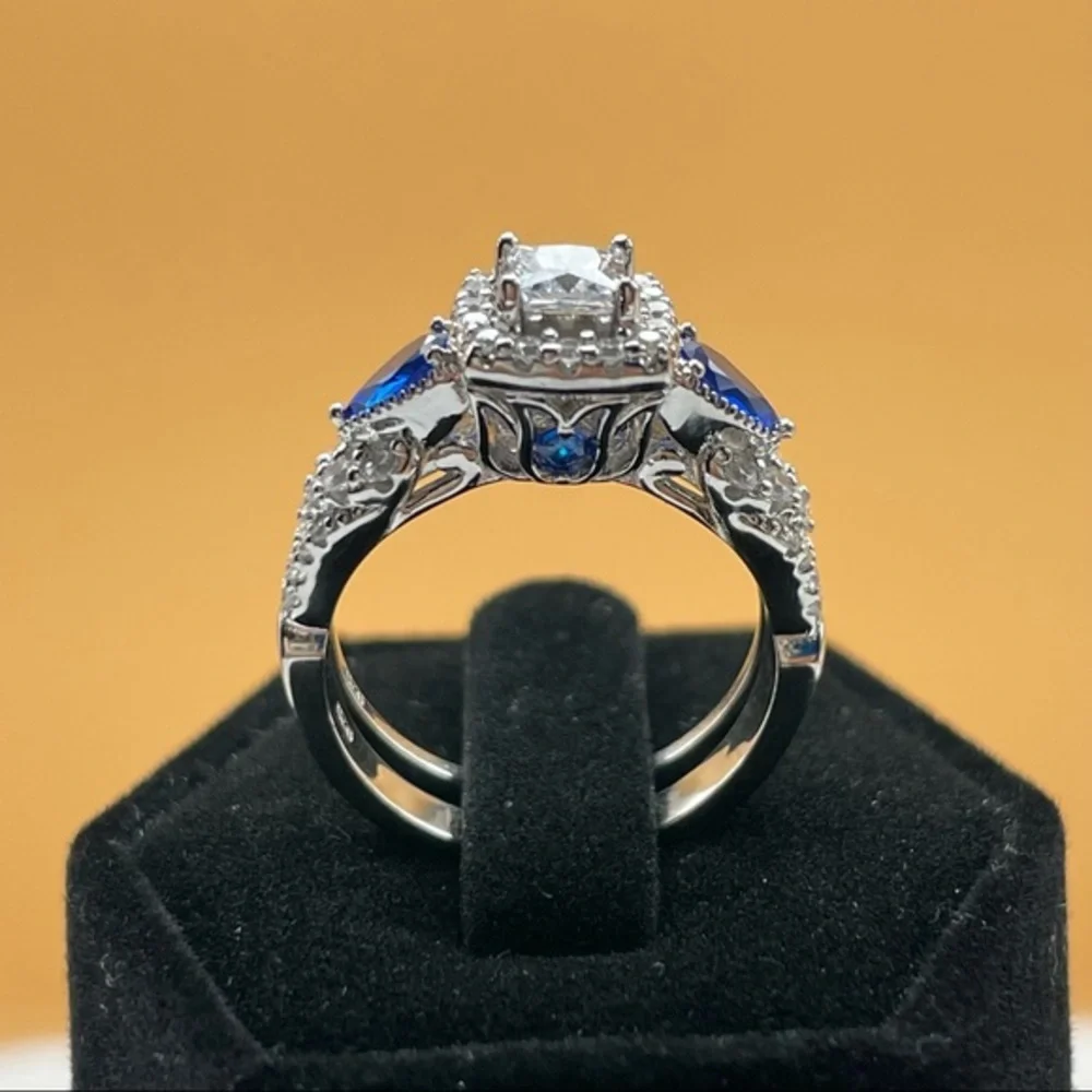 925 Sterling Silver‎ Diamond Sapphire 2 Band Wedding Bridal Engagement Ri…